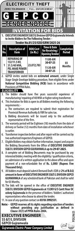GEPCO Gujranwala Tender Notice